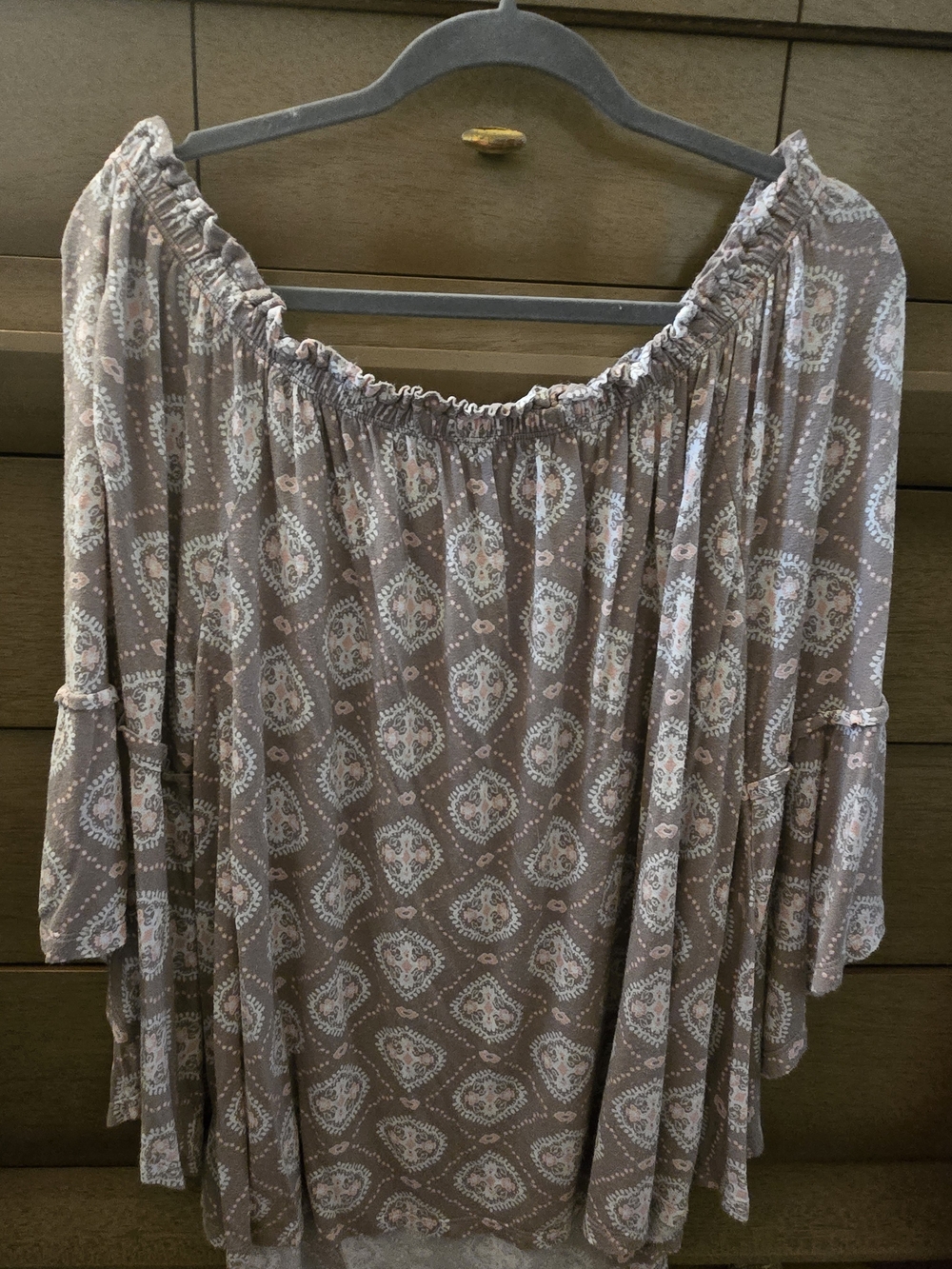 Time and Tru Taupe Paisley Off-Shoulder Tunic
